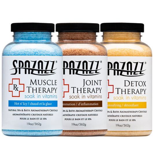 RX Therapy Spa and Hot Tub Aromatherapy Scented Relaxation Bath Salt Crystals - Mind Body and Soul Bundle Gift Set (19 Oz) Includes 5 Point Full Body Massage Tool & Hot Cold Towel (19OZ 3 Pack)