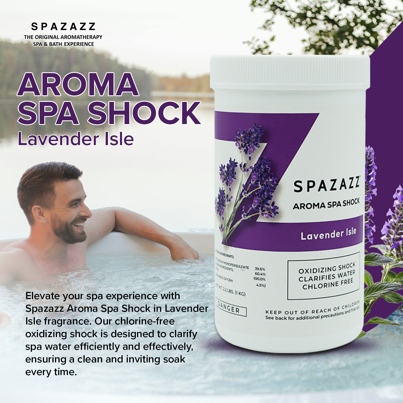 Aroma Spa Shock Lavender Isle - Chlorine-Free Oxidizing Shock for Spa Water Clarification with Scoop - Professional Grade Formula