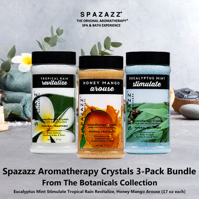 3-Pack Bundle - Eucalyptus Mint Stimulate - Tropical Rain Revitalize - Honey Mango Arouse - Botanicals Collection Scents For Relaxing In Spas  (17 oz)