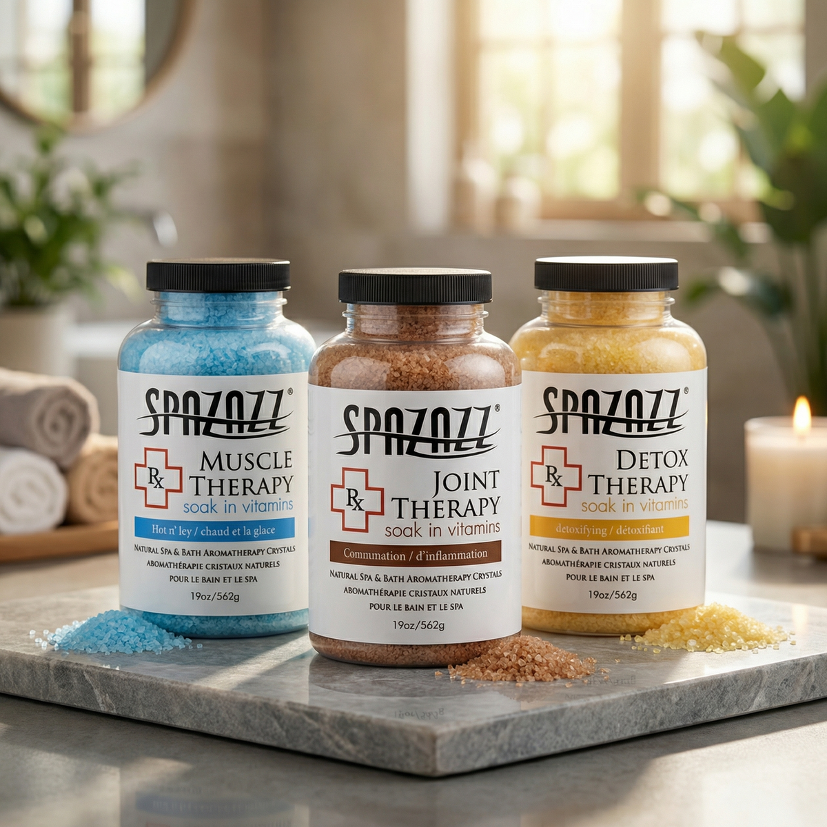 Spazazz spa-safe aromatherapy crystals dissolving in a hot tub