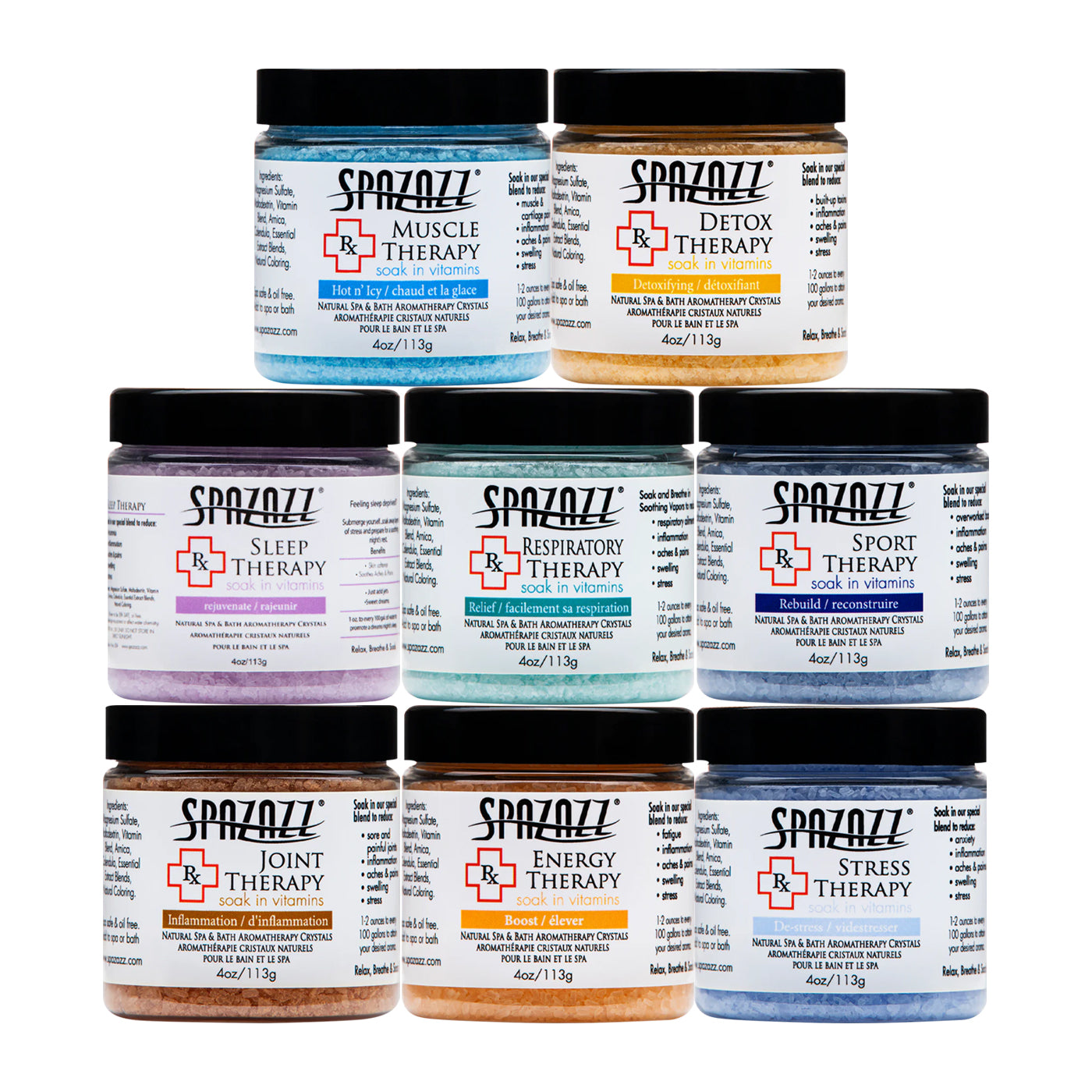 RX Therapy Hot Tub Spa and Bath Aromatherapy Salt Crystals 4oz 8 Pack Sample Bundle Includes Muscle - Joint - Detox - Stress - Respiratory - Sport -Sleep - Energy. Great for Muscles & Joints