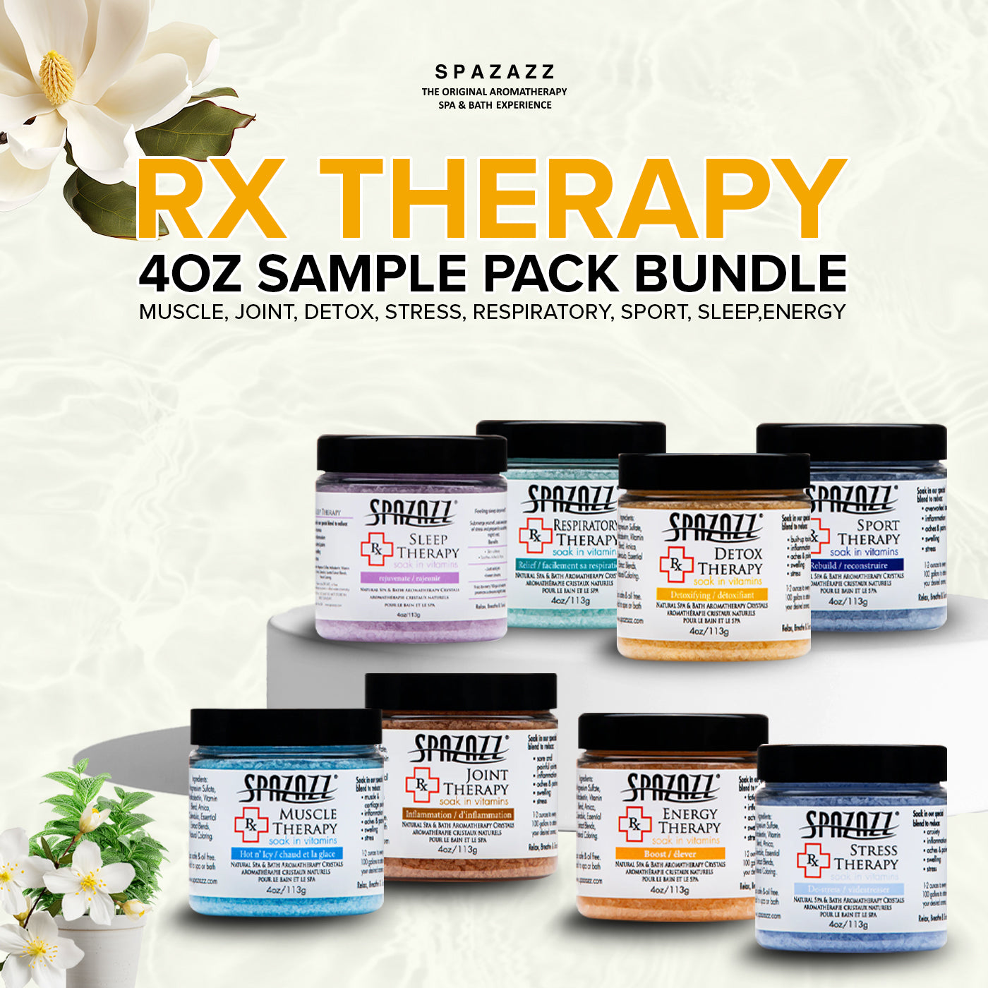 RX Therapy Hot Tub Spa and Bath Aromatherapy Salt Crystals 4oz 8 Pack Sample Bundle Includes Muscle - Joint - Detox - Stress - Respiratory - Sport -Sleep - Energy. Great for Muscles & Joints
