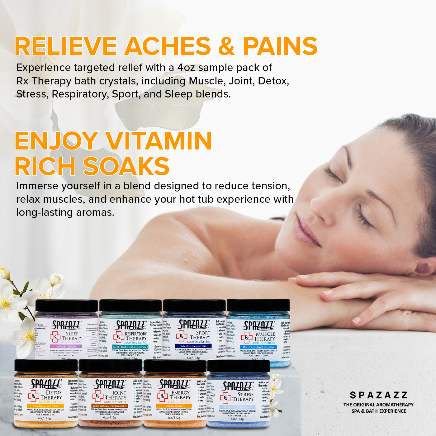 RX Therapy Hot Tub Spa and Bath Aromatherapy Salt Crystals 4oz 8 Pack Sample Bundle Includes Muscle - Joint - Detox - Stress - Respiratory - Sport -Sleep - Energy. Great for Muscles & Joints