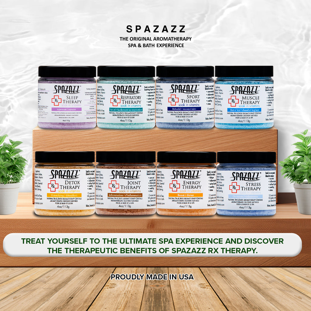 RX Therapy Hot Tub Spa and Bath Aromatherapy Salt Crystals 4oz 8 Pack Sample Bundle Includes Muscle - Joint - Detox - Stress - Respiratory - Sport -Sleep - Energy. Great for Muscles & Joints