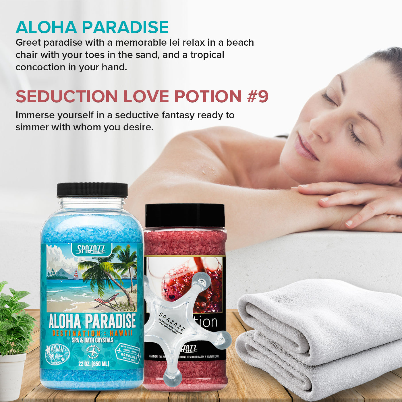 Spa and Bath Salt Aromatherapy Crystals for Hot Tub - Gift Bundle Set The Mood Love Potion #9 Seduction 17oz - Destinations Hawaii Aloha Paradise 22oz With 5 Point Full Body Massage Tool