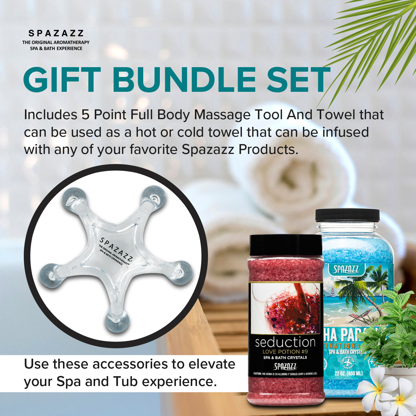 Spa and Bath Salt Aromatherapy Crystals for Hot Tub - Gift Bundle Set The Mood Love Potion #9 Seduction 17oz - Destinations Hawaii Aloha Paradise 22oz With 5 Point Full Body Massage Tool