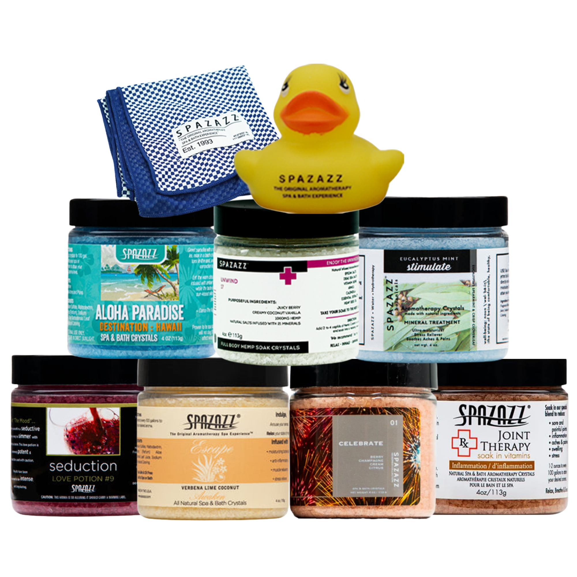 Aromatherapy Spa Gift Set – 7 Scented Hot Tub & Bath Crystals (4 oz Each) + Hot/Cold Towel & Rubber Duck – Relaxing Soak Experience Sampler for Spa, Jacuzzi, or Bathtub