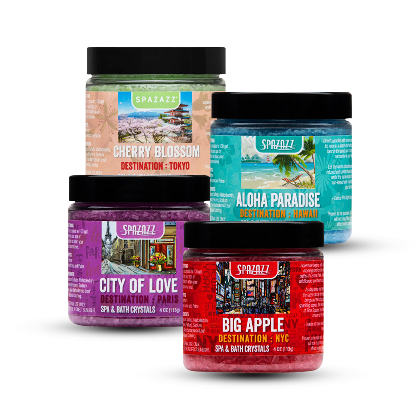 Destination Collection Bath Salt Crystals Four- 4oz Pack - Aloha Paradise, Big Apple, City of Love, Cherry Blossom