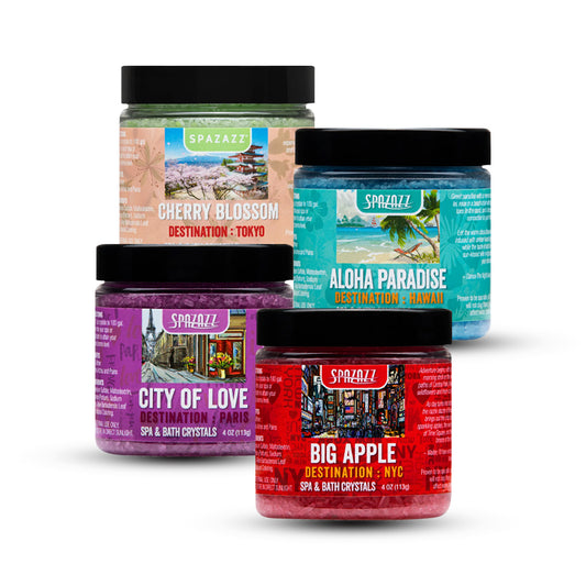 Destination Collection Bath Salt Crystals Four- 4oz Pack - Aloha Paradise, Big Apple, City of Love, Cherry Blossom