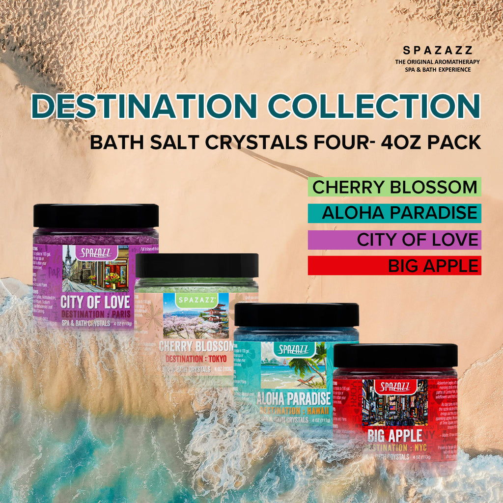 Destination Collection Bath Salt Crystals Four- 4oz Pack - Aloha Paradise, Big Apple, City of Love, Cherry Blossom