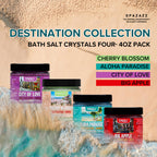 Destination Collection Bath Salt Crystals Four- 4oz Pack - Aloha Paradise, Big Apple, City of Love, Cherry Blossom