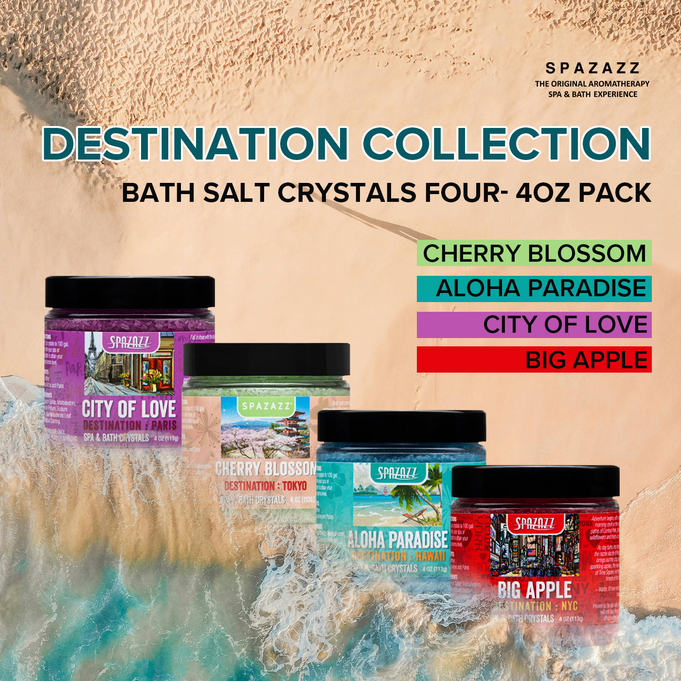 Destination Collection Bath Salt Crystals Four- 4oz Pack - Aloha Paradise, Big Apple, City of Love, Cherry Blossom