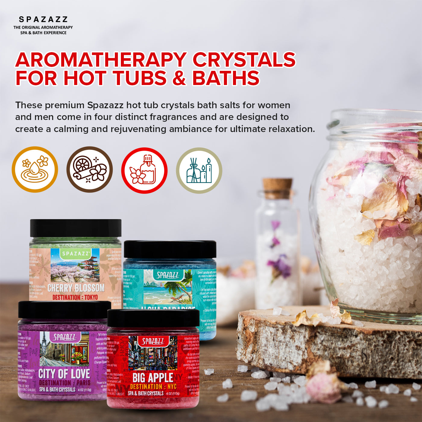 Destination Collection Bath Salt Crystals Four- 4oz Pack - Aloha Paradise, Big Apple, City of Love, Cherry Blossom