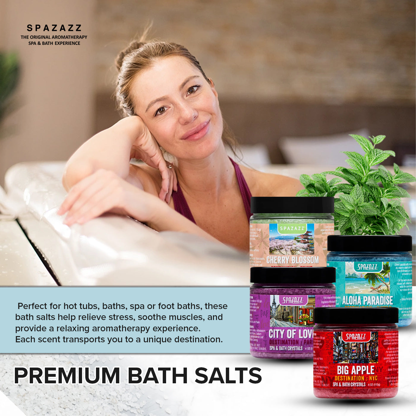 Destination Collection Bath Salt Crystals Four- 4oz Pack - Aloha Paradise, Big Apple, City of Love, Cherry Blossom