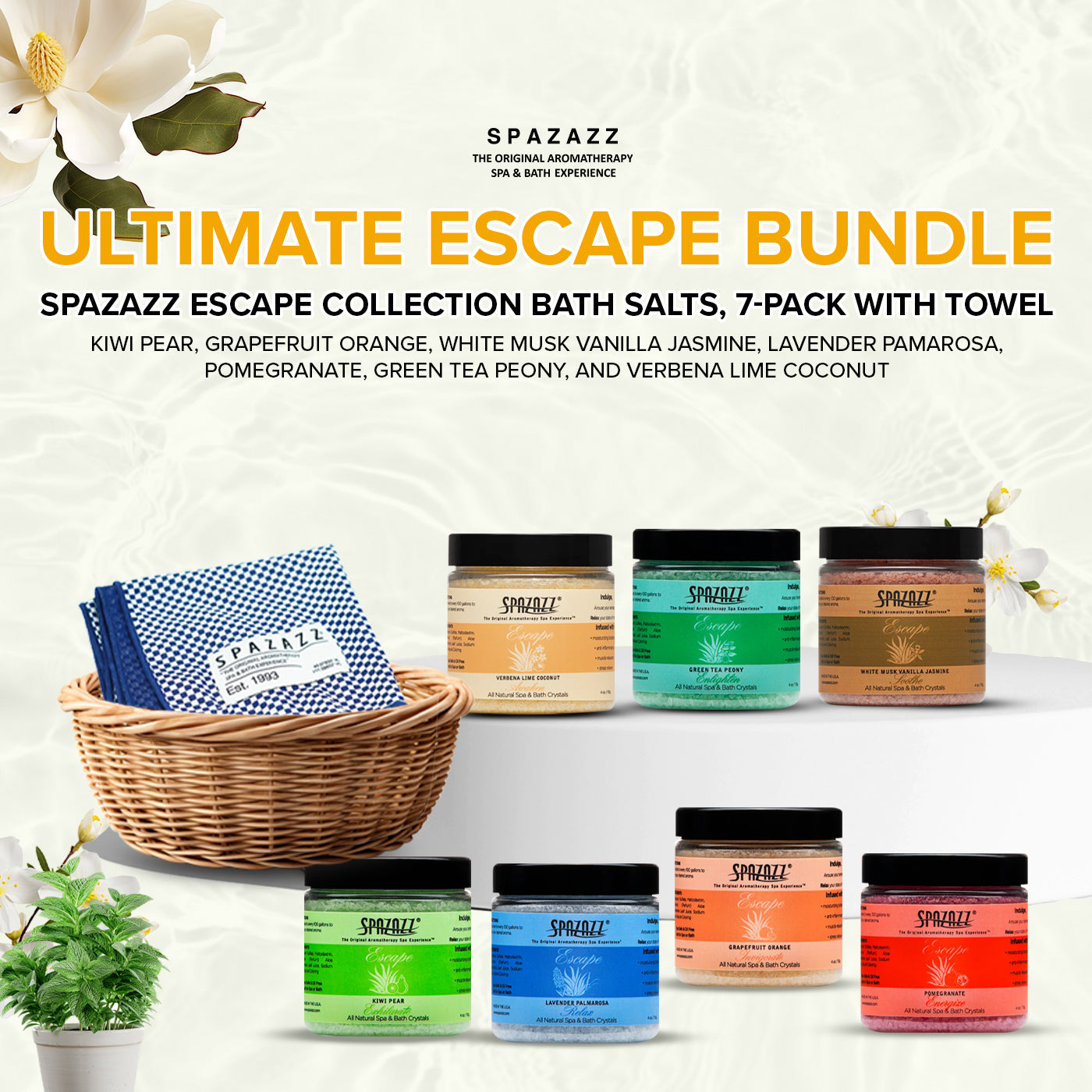 Ultimate Escape Bundle: Spazazz Escape Collection Bath Salts, 7-Pack with Towel