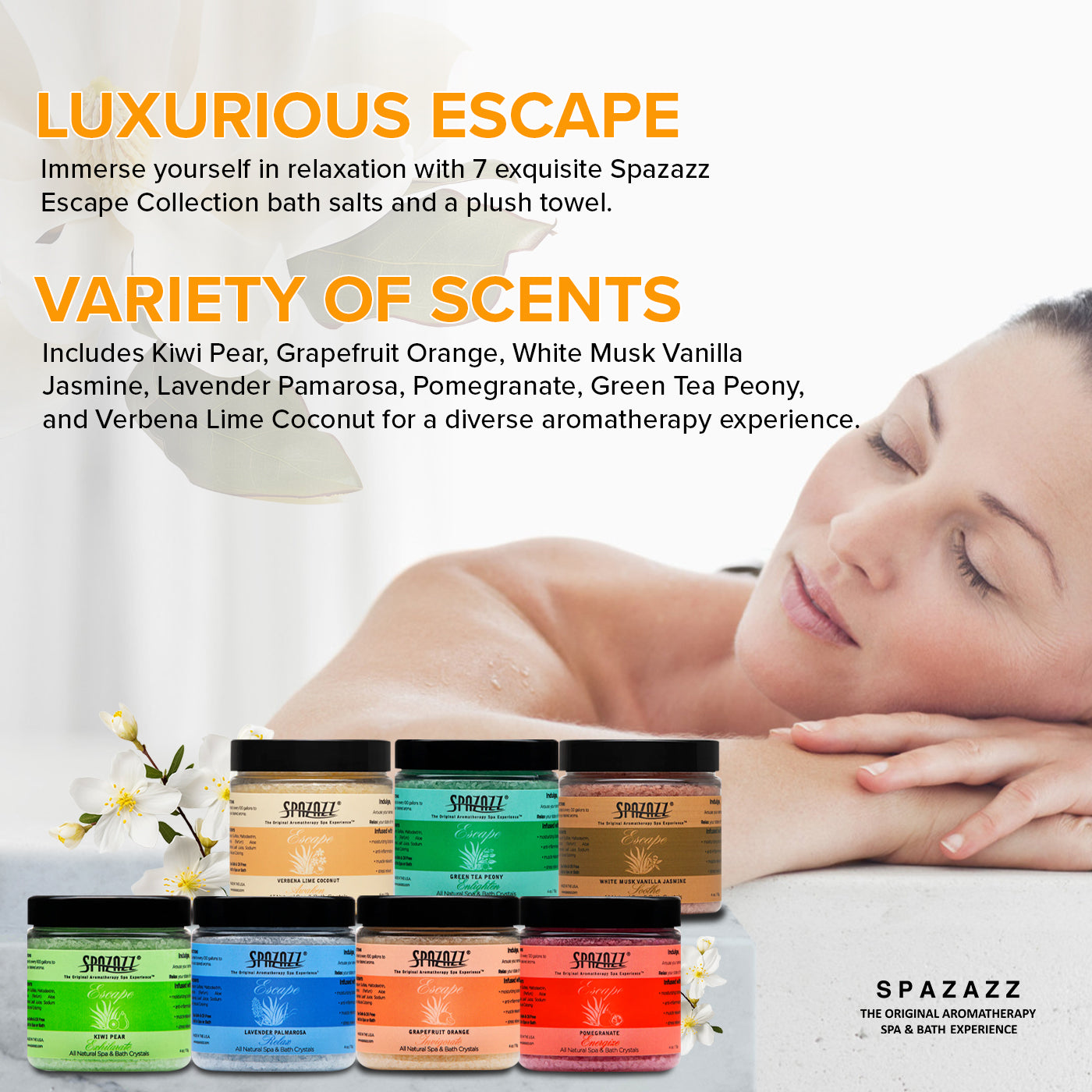Ultimate Escape Bundle: Spazazz Escape Collection Bath Salts, 7-Pack with Towel