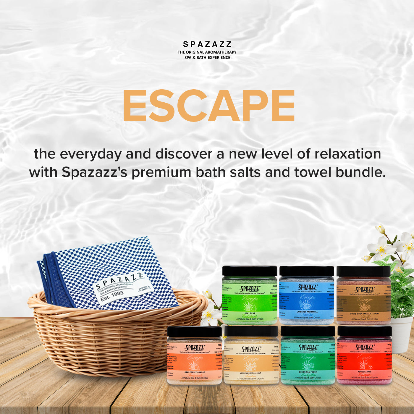 Ultimate Escape Bundle: Spazazz Escape Collection Bath Salts, 7-Pack with Towel