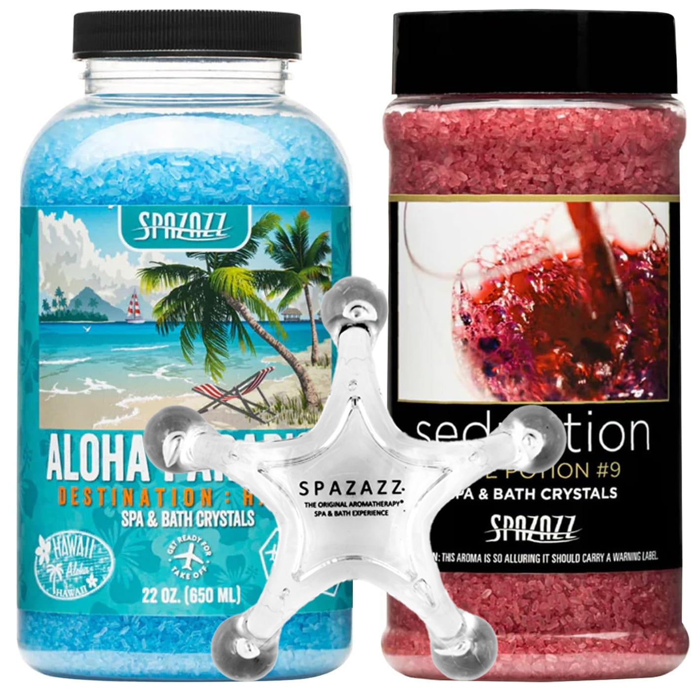 Spa and Bath Salt Aromatherapy Crystals for Hot Tub - Gift Bundle Set The Mood Love Potion #9 Seduction 17oz - Destinations Hawaii Aloha Paradise 22oz With 5 Point Full Body Massage Tool