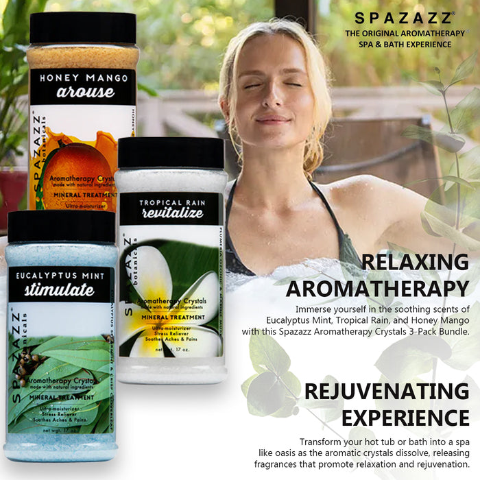 3-Pack Bundle - Eucalyptus Mint Stimulate - Tropical Rain Revitalize - Honey Mango Arouse - Botanicals Collection Scents For Relaxing In Spas  (17 oz)