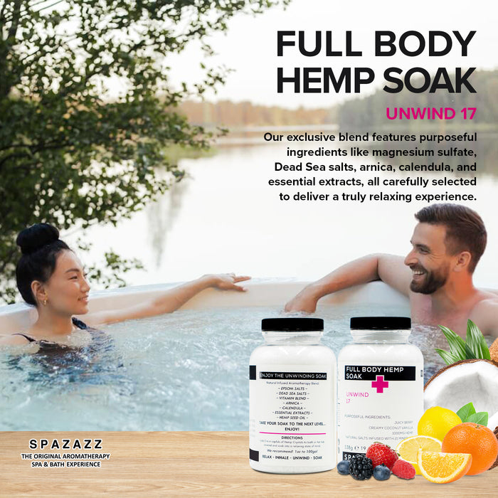 Full Body Hemp Soak - Unwind 17 - Juicy Berry, Creamy Coconut Vanilla, 1000mg Hemp, Natural Salts