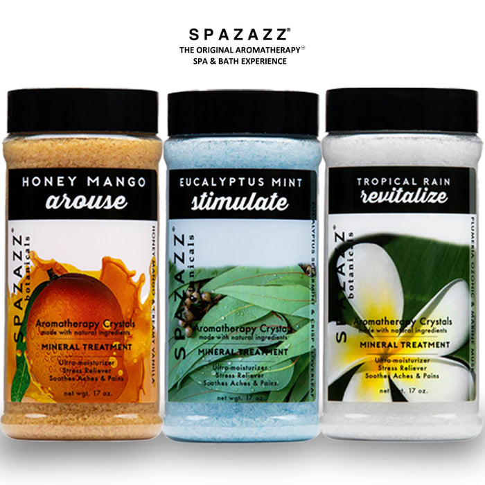 3-Pack Bundle - Eucalyptus Mint Stimulate - Tropical Rain Revitalize - Honey Mango Arouse - Botanicals Collection Scents For Relaxing In Spas  (17 oz)